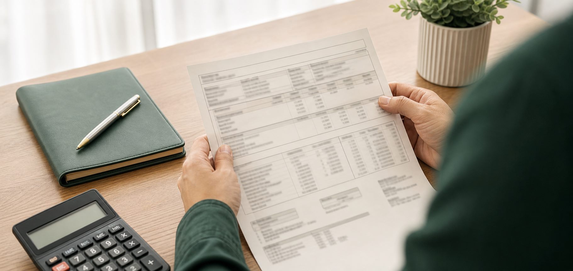 Contracheque sendo conferido com calculadora